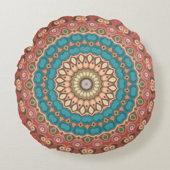 Turquise och Terracotta Geometric Mandala Mönster Rund Kudde (Framsidan)