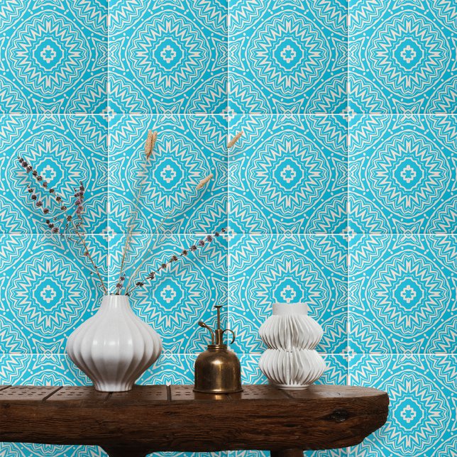 Turquise och White Bohemian Ornate Damask Pattern Kakelplatta (Skapare uppladdad)