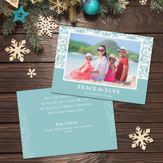 Turquise och White Damask-julfoto Julkort (Turquoise and white damask design Christmas photo holiday cards, PRINTED and/or INSTANT DOWNLOAD)