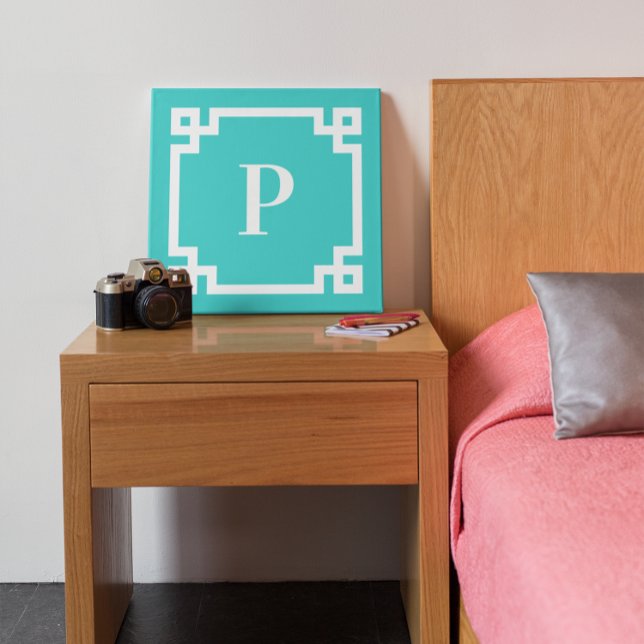 Turquise och White Grekiska Nyckel Gräns Monogram Canvastryck (Skapare uppladdad)