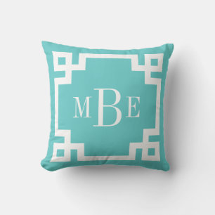 Turquise och White Grekiska Nyckel Monogram Kudde