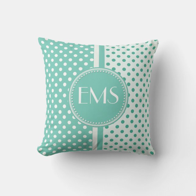 Turquise och White Polka Dot Monogram Pillow Kudde (Framsida)