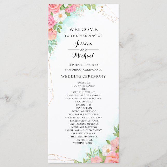 Turquise Ombre Blommigt Bouquet Rosa ros Bröllop Program (Framsida)