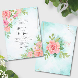 Turquise Ombre Blommigt Ram Watercolor Bröllop Inbjudningar