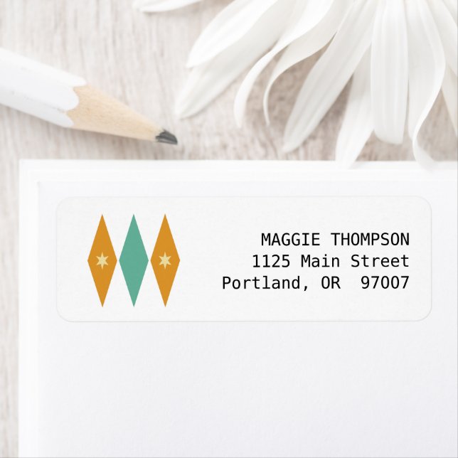 Turquise Orange Cream Stars Diamonds Mid10-talet Returadress Etikett (Insitu)