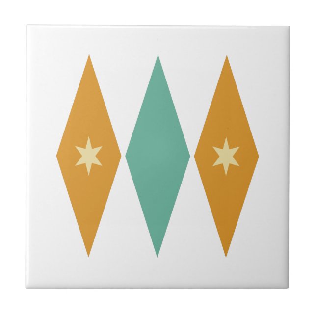 Turquise Orange Diamonds Cream Stars Mid Century Kakelplatta (Framsidan)