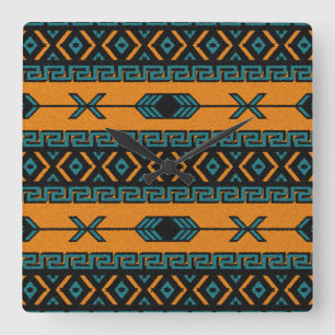 Turquise Orange Southwest Tribal Aztec Design Fyrkantig Klocka