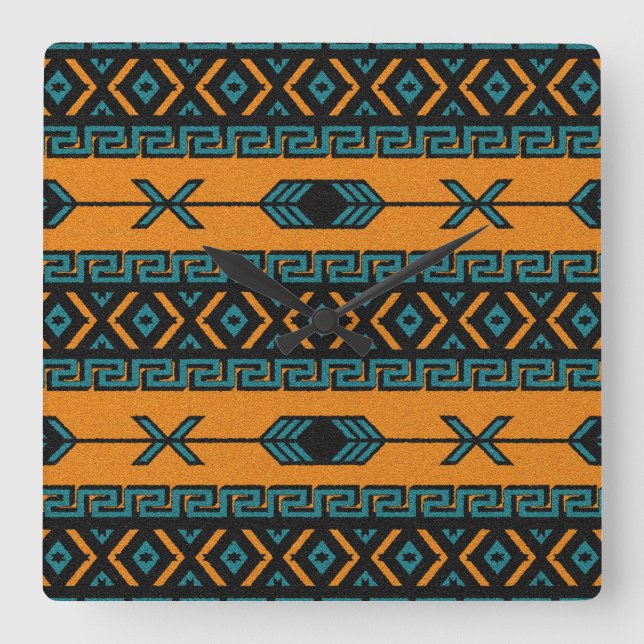 Turquise Orange Southwest Tribal Aztec Design Fyrkantig Klocka (Framsida)