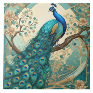 Turquise Peacock Bird Art nouveau Art Deco Kakelplatta