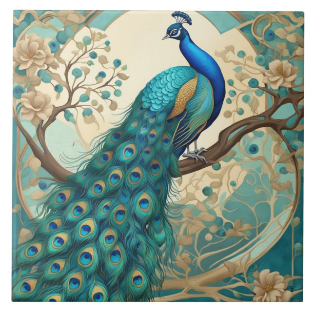 Turquise Peacock Bird Art nouveau Art Deco Kakelplatta (Framsidan)