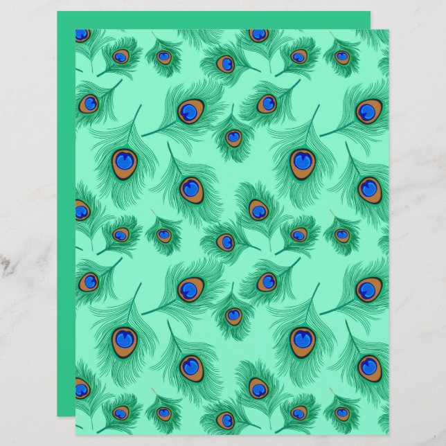Turquise Peacock Feathers on Light Aqua (Fram/baksida)