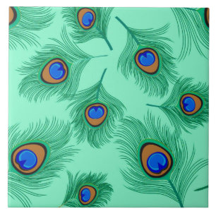 Turquise Peacock Feathers on Light Aqua Kakelplatta