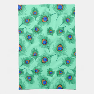Turquise Peacock Feathers on Light Aqua Kökshandduk
