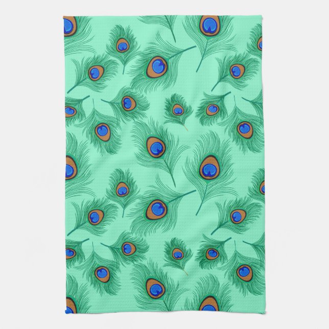 Turquise Peacock Feathers on Light Aqua Kökshandduk (Vertikal)