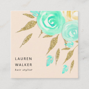 Turquise Peonies faux guld glitter Affärskort Fyrkantigt Visitkort