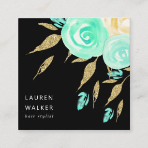 Turquise Peonies faux guld glitter Affärskort Fyrkantigt Visitkort