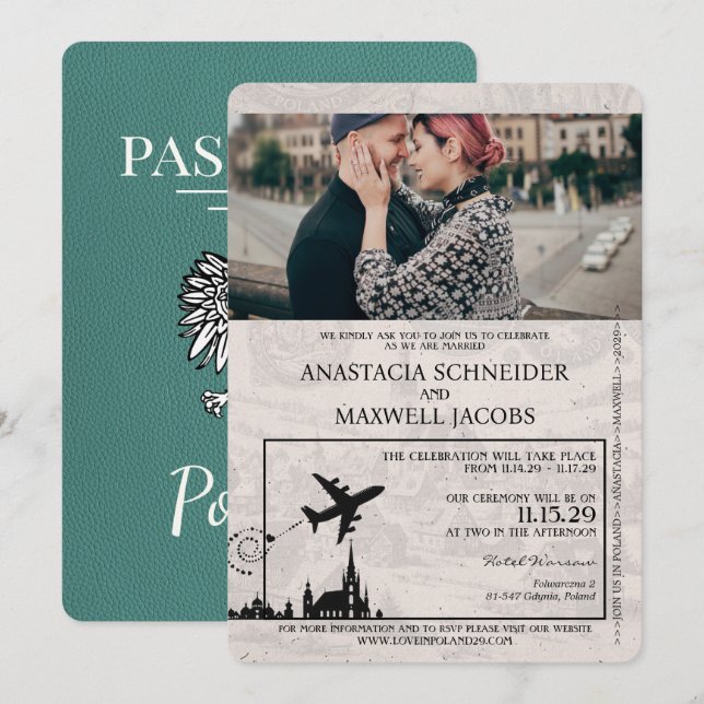 Turquise Poland Passport Wedding bjudande Inbjudningar (Fram/baksida)