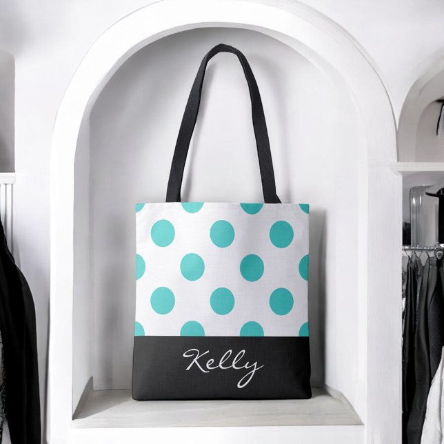 Turquise Polka dots med Monogram Tygkasse (Personalize this attractive tote with any name.)