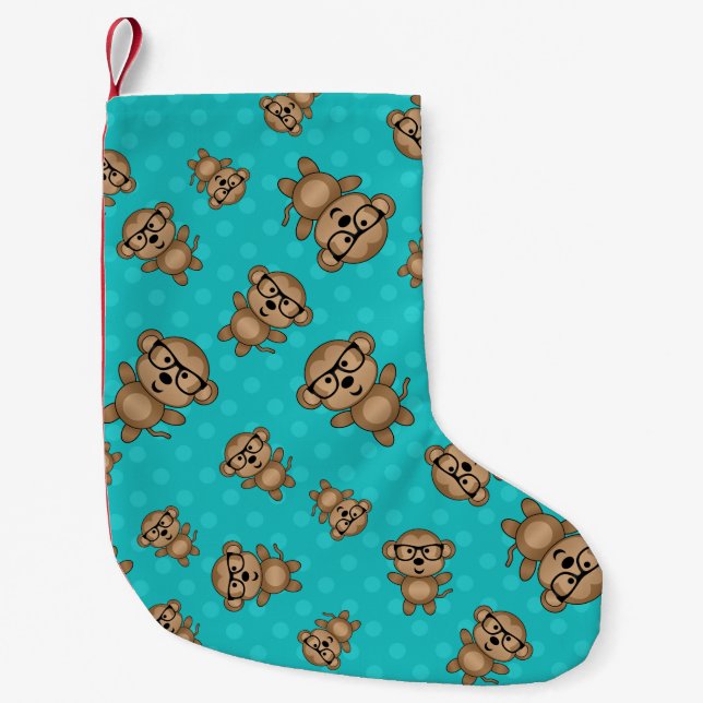 Turquise polka dots nerd monkey liten julstrumpa (Framsidan)