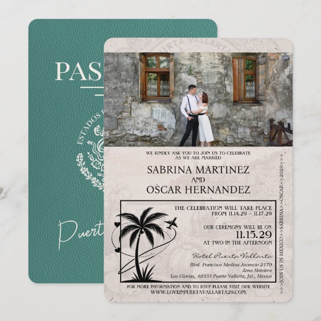 Turquise Puerta Vallarta Passport Bröllop Inbjudningar (Fram/baksida)