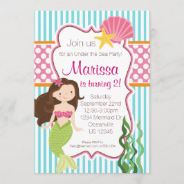 Turquise Rand, Rosa Polka Dot Brunette Sjöjungfru Inbjudningar