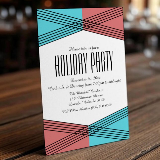 Turquise Red Colorful Deco Julfest Inbjudan (Turquoise Red Colorful Deco Holiday Party Invite)