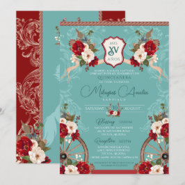 Turquise & Red Elegant Baroque Charra Quinceañera Inbjudningar