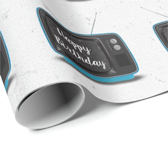 Turquise Retro TV Birthday Presentpapper (Rullad Hörn)