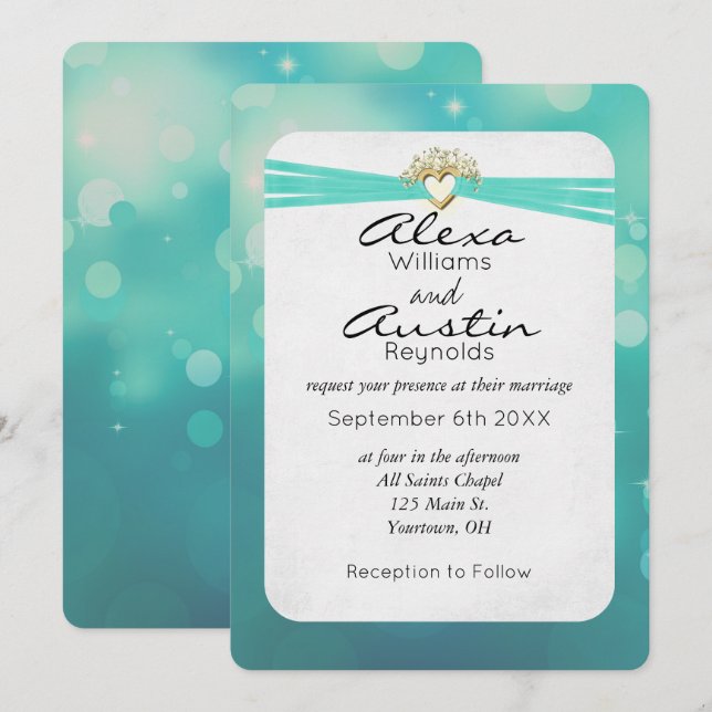 Turquise Ribbon i Guld Heart Bröllop Inbjudningar (Fram/baksida)