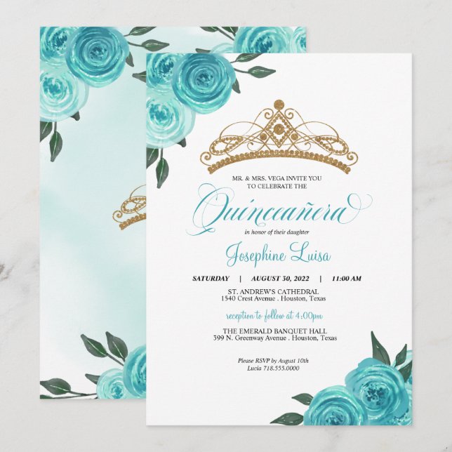 Turquise Ro Golden Tiara Quinceañera Birthday Inbjudningar (Fram/baksida)