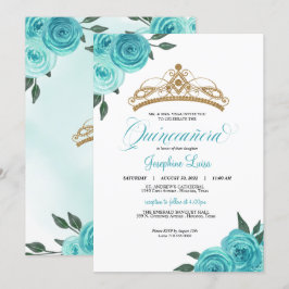 Turquise Ro Golden Tiara Quinceañera Birthday Inbjudningar