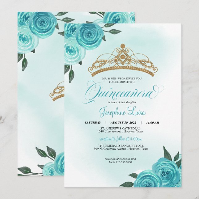 Turquise Ro Golden Tiara Quinceañera Birthday Inbjudningar (Fram/baksida)