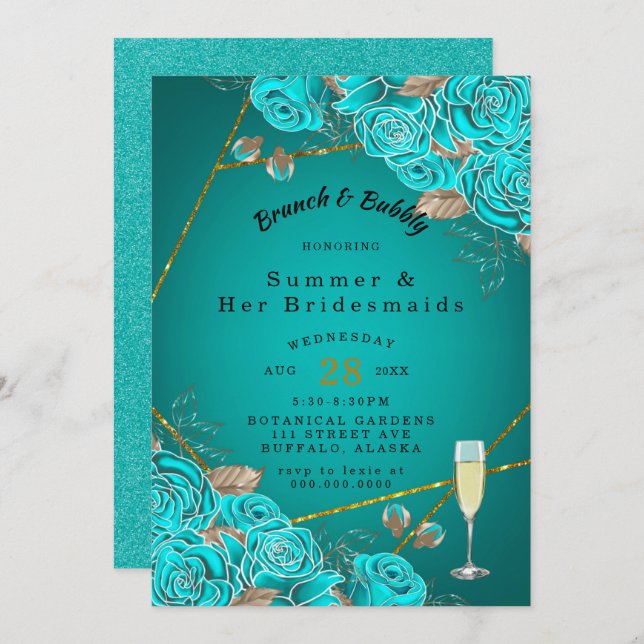 Turquise Ro Guld Bridesmaids Luncheon Inbjudningar (Fram/baksida)
