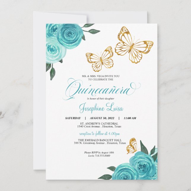 Turquise Ro Guld Butterfly Quinceañera Birthday Inbjudningar (Framsida)