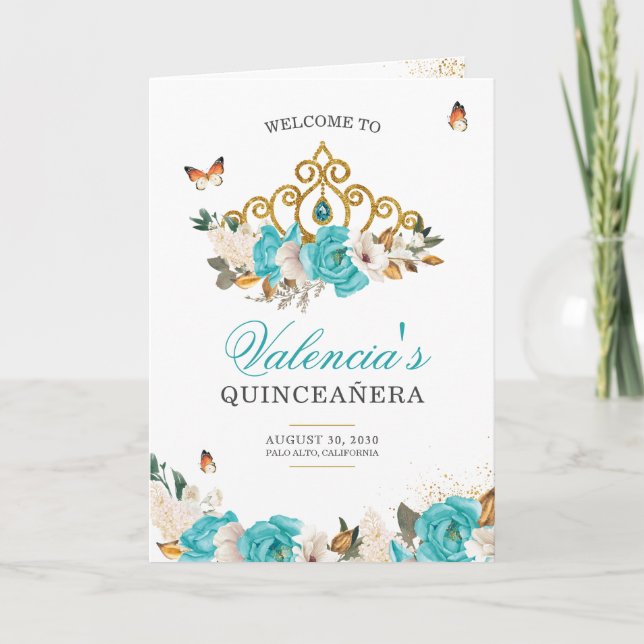 Turquise Ro Guld Tiara Butterfly Quinceanera Program (Framsida)