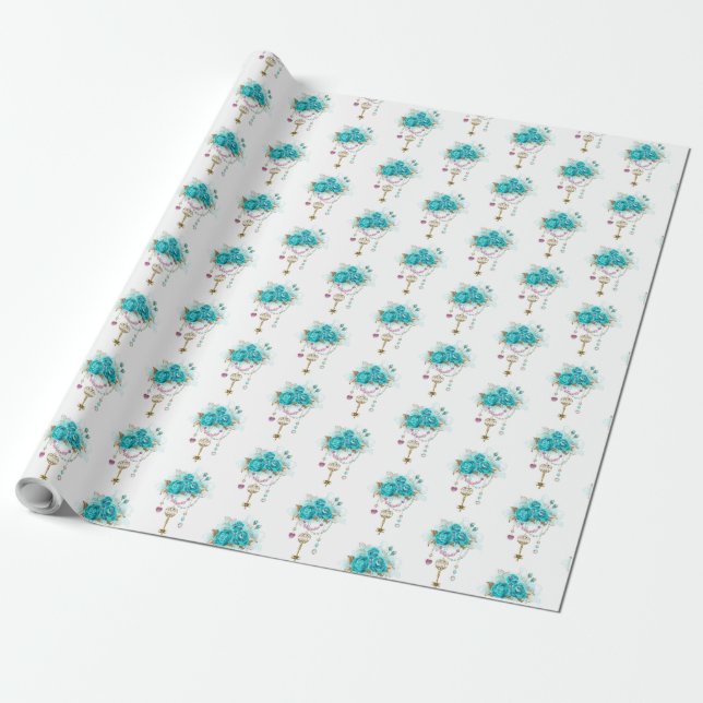 Turquise Ro med Nycklar Presentpapper (Utrullad)