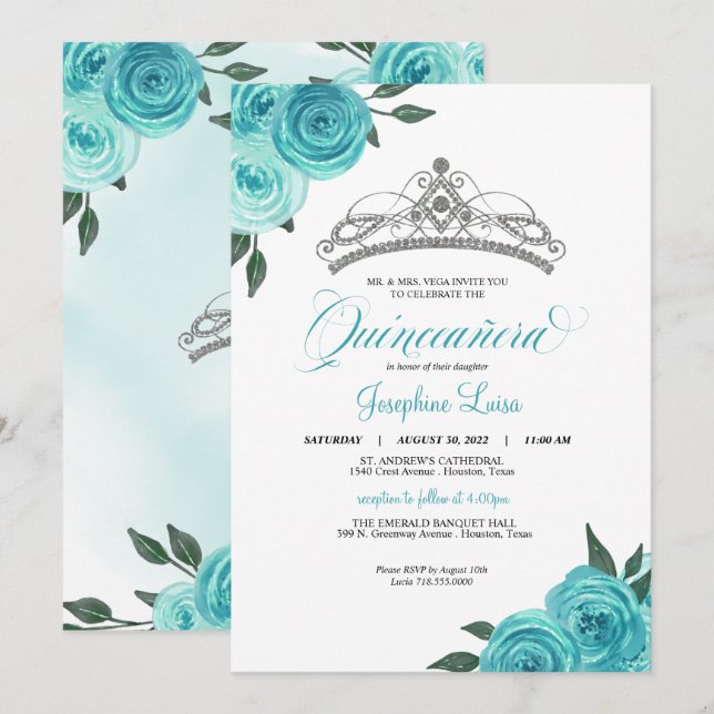 Turquise Ro Silver Tiara Quinceañera Birthday Inbjudningar (Fram/baksida)