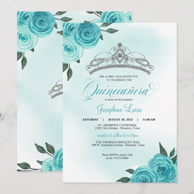 Turquise Ro Silver Tiara Quinceañera Birthday Inbjudningar (Fram/baksida)