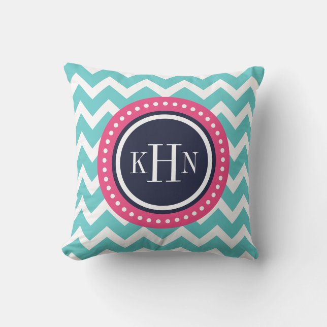 Turquise Rosa and Navy Chevron Monogram Kudde (Framsida)