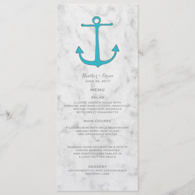 Turquise Rustic Anchor Bröllop Menu Meny (Framsida)
