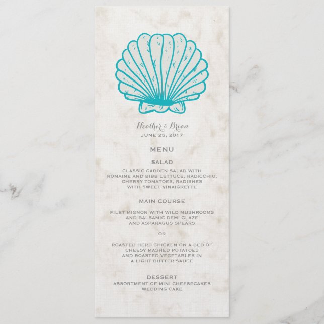Turquise Rustic Seashell Bröllop Menu Meny (Framsida)