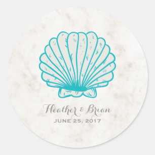 Turquise Rustic Seashell Bröllop Runt Klistermärke