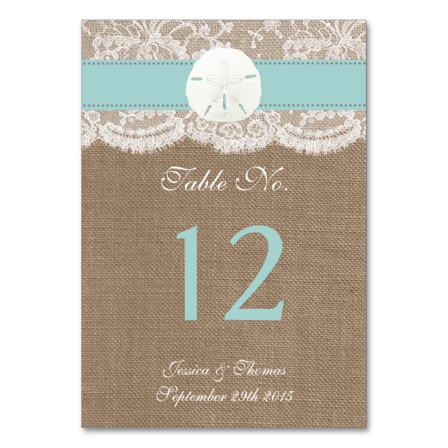 Turquise Sand Dollar Beach Wedding Collection Bordsnummer (Framsidan)