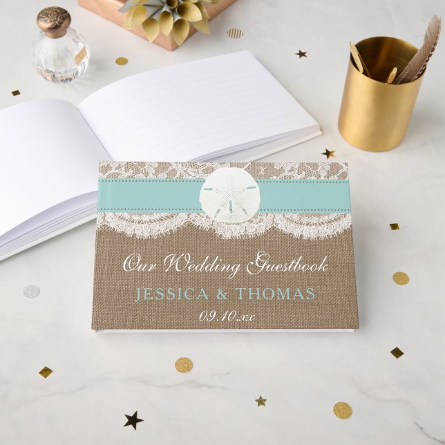 Turquise Sand Dollar Beach Wedding Collection Gästböcker (Framsida öppen)