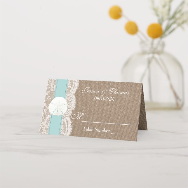 Turquise Sand Dollar Beach Wedding Collection Placeringskort (Framsida)