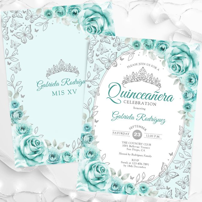 Turquise Silver Blommigt Quinceanera Inbjudningar (Skapare uppladdad)