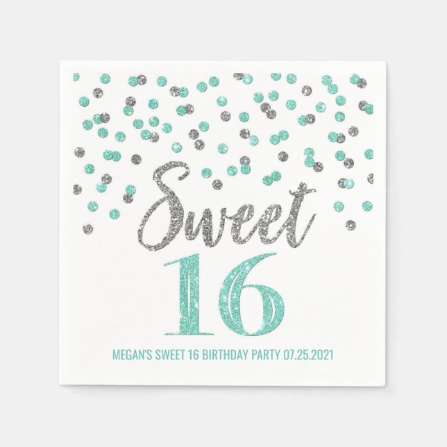 Turquise Silver Confetti Sweet 16 Birthday Pappersservett (Framsidan)