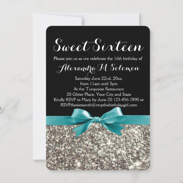 Turquise Silver Glitter Sweet 16-partsinbjudan Inbjudningar (Framsida)