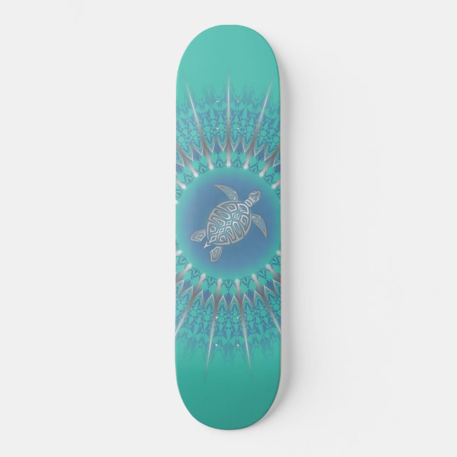 Turquise Silver Turtle Mandala Mini Skateboard Bräda 18,5 Cm (Framsida)