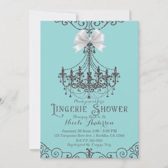 Turquise & Silver White Bow Lingerie Shower Inbjudningar (Framsida)